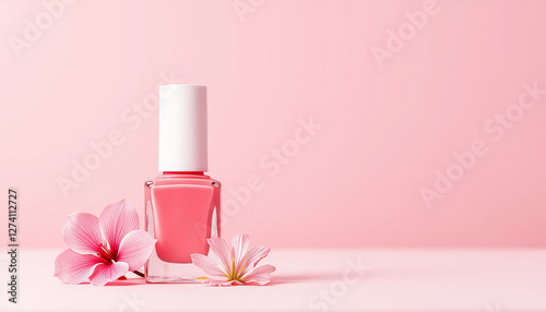 Stylish pink nail polish bottle with flowers on soft background, Spring Makeup