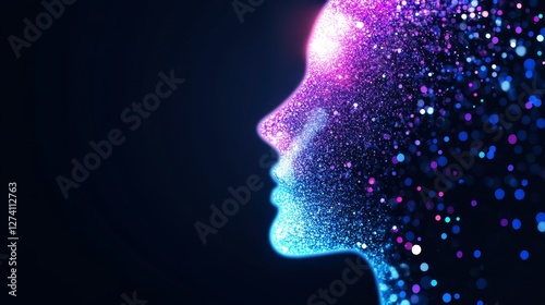 Human Profile Abstract - Glowing abstract profile of a human face, composed of shimmering particles. Represents AI, technology, or the age