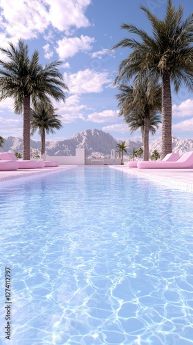The breathtaking view from the poolside showcases majestic palm trees and towering mountains set against a brilliant blue sky