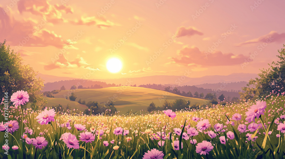 Fototapeta premium Beautiful sunrise over a vibrant field of pink flowers, with lush green hills and a clear blue sky, capturing the essence of nature's serenity.