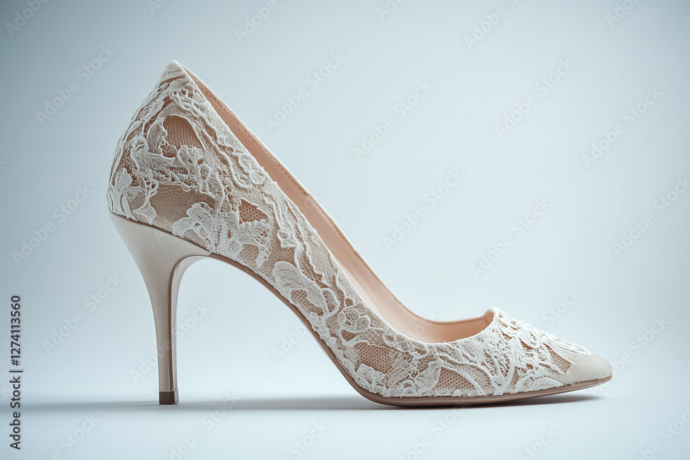 Obraz premium An elegant high heel shoe with intricate lace details, resting on a clean white surface, modern luxury