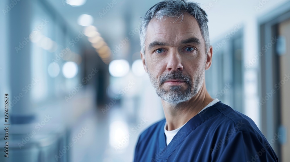 Naklejka premium A male nurse posing confidently in a professional setting within a hospital.
