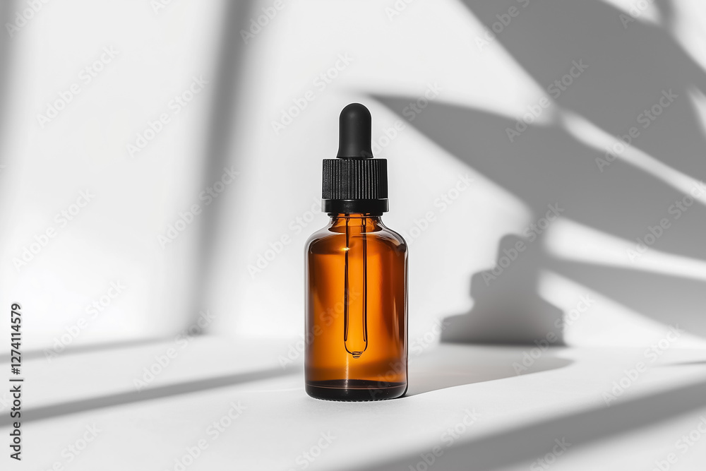 Minimalist skincare product bottle standing upright with a soft shadow on a clean white background Minimalist skincare product bottle standing upright with a soft shadow on a clean white background