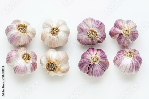 Fototapeta Naklejka Na Ścianę i Meble -  Fresh garlic bulbs arranged on white background, overhead shot, food photography, recipe illustration