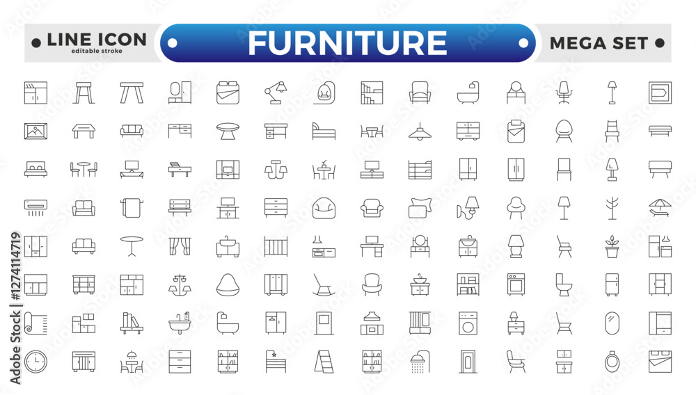 Furniture outline icon set. Home interior, linear icons. Piece of furniture for the living room, bedroom, office, workplace, children's room and kitchen. Editable stroke outline icon.
Furniture outline icon set. Home interior, linear icons. Piece of furniture for the living room, bedroom, office, workplace, children's room and kitchen. Editable stroke outline icon.