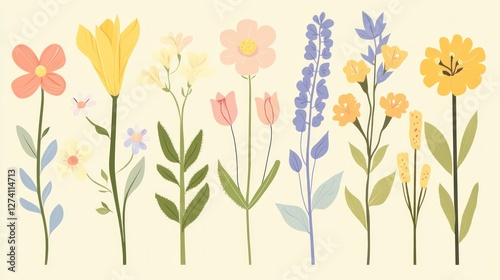 Colorful floral arrangement, pastel flowers on light background, decorative illustration, potential use in design or print