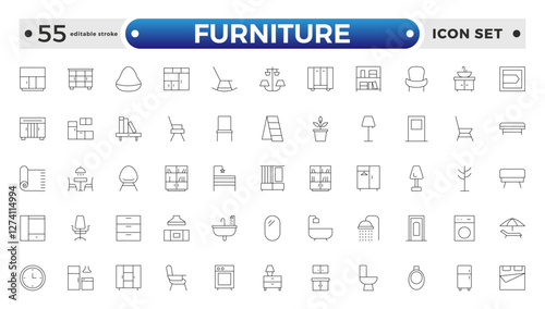 Furniture outline icon set. Home interior, linear icons. Piece of furniture for the living room, bedroom, office, workplace, children's room and kitchen. Editable stroke outline icon. 
