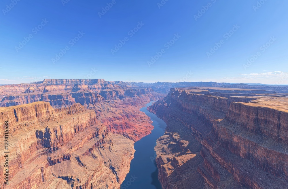 A panoramic view of the Grand Canyon, with its deep red rock formations and crystal-clear river flowing through it under clear blue skies. A panoramic view of the Grand Canyon, with its deep red rock formations and crystal-clear river flowing through it under clear blue skies.