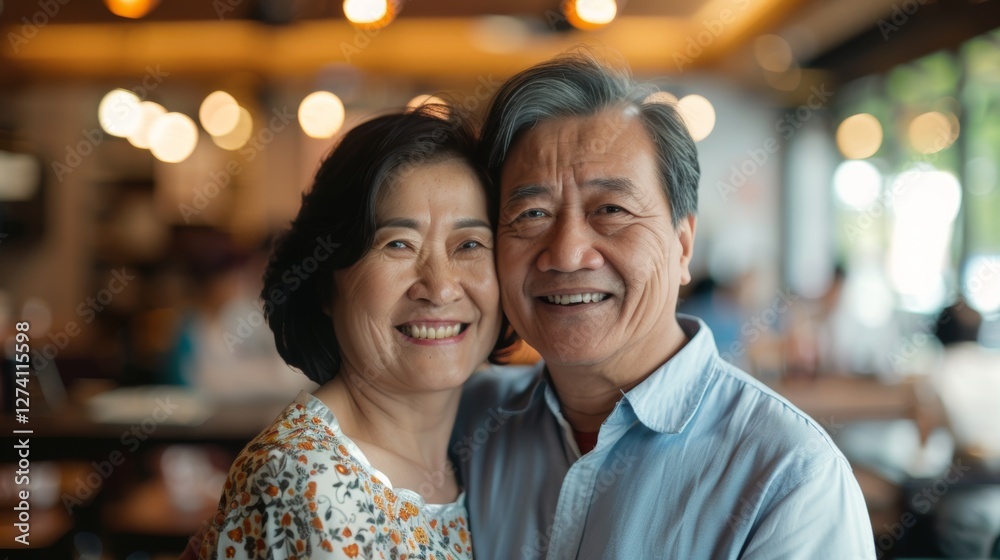 The image features an elderly couple posing together for a photograph, likely in a restaurant setting, with the couple smiling towards the camera. The image features an elderly couple posing together for a photograph, likely in a restaurant setting, with the couple smiling towards the camera.