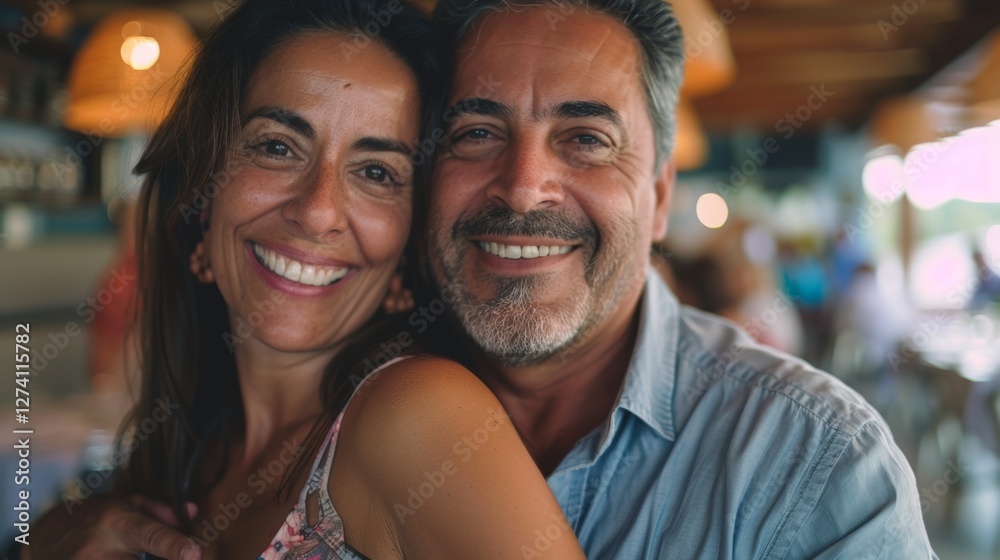 A couple posing for a photo at a restaurant. A couple posing for a photo at a restaurant.