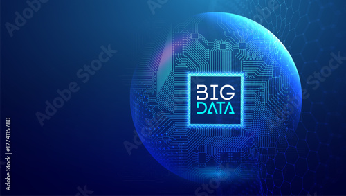 Big data technology concept with glowing blue circuit board sphere, digital data processing chip, and futuristic analytics network on dark background
