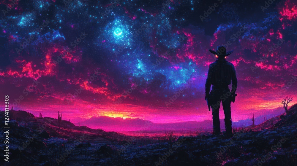 Fototapeta premium A pixel cowboy with glowing eyes, standing in a neon desert