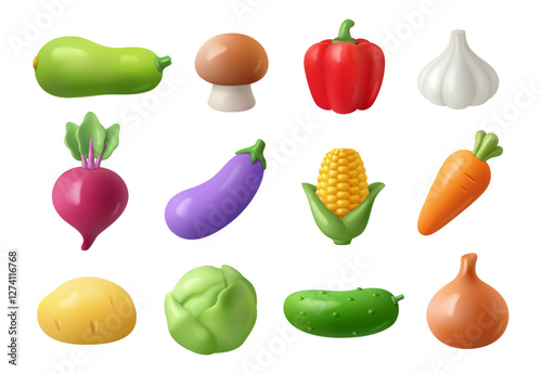 Organic and healthy vegetables set. Vector isolated icon in 3d style, aubergine and cucumber, mushroom and carrot, garlic clove and onion, corn and cabbage, potato and beetroot, pepper and zucchini