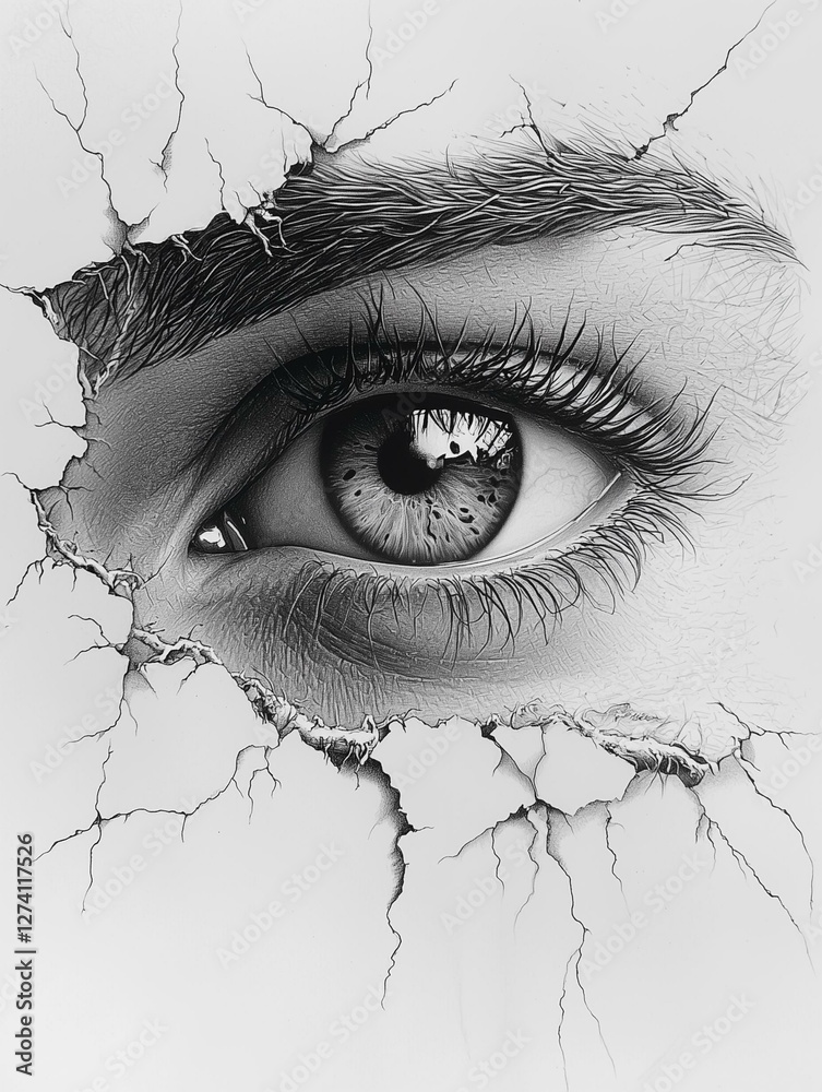 Obraz premium Cracked Surface Revealing a Detailed Human Eye with Intense Gaze