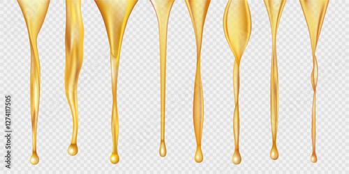 Sweet nectar from flowers blossom flowing, isolated realistic oil liquid steams set. Vector organic and natural production, beekeeping and apiary, apiculture and high quality product