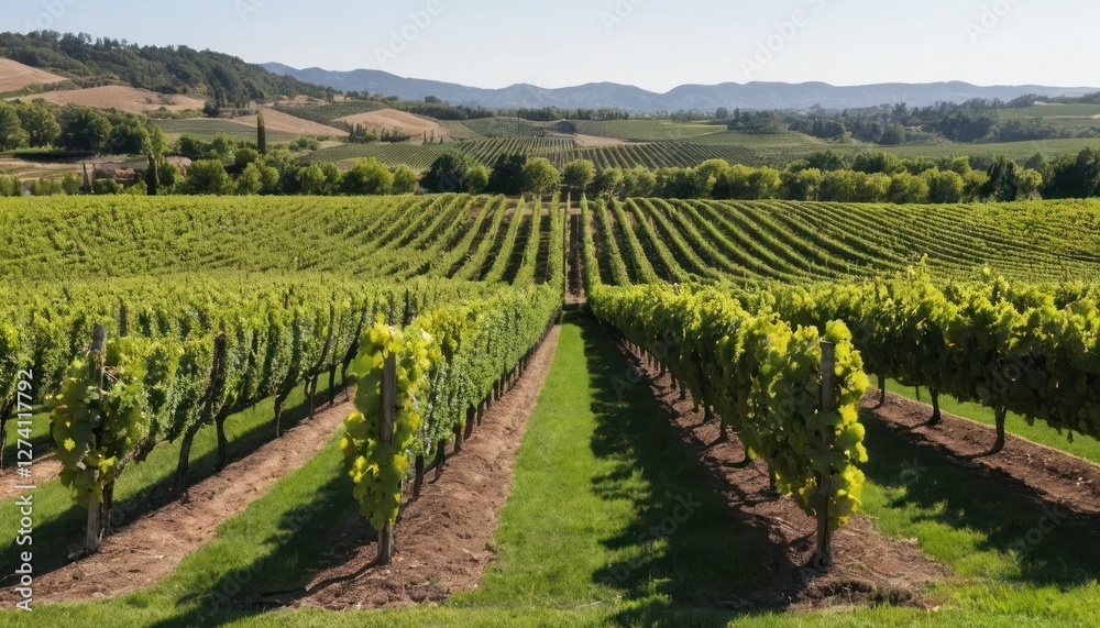 A Realistic Vineyard with Rows of Grape Vines Stretching into the Distance A Realistic Vineyard with Rows of Grape Vines Stretching into the Distance