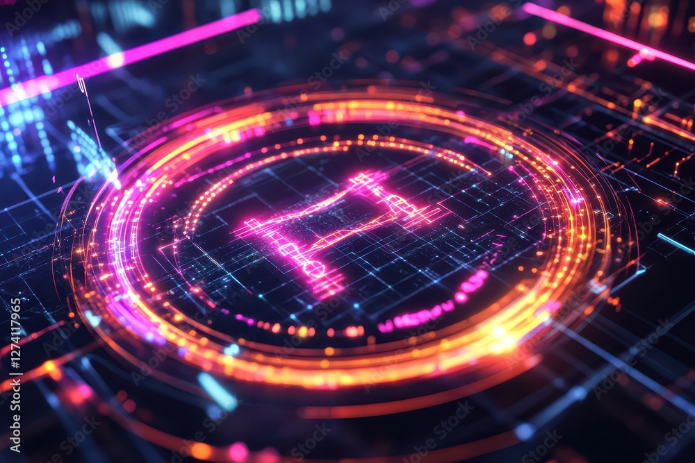 Glowing Circle with the Pi Formula Inside, Displayed on a Computer Screen in a Quantum Physics Simulation