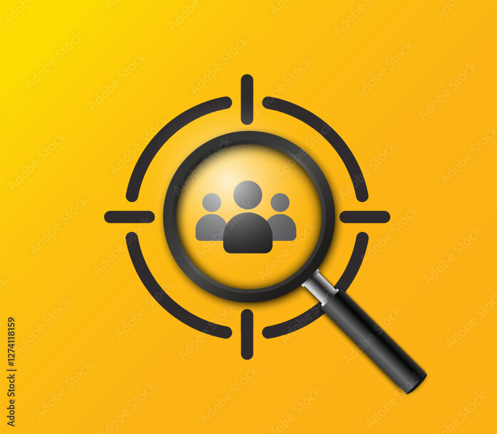 3D Magnifying glass focus on the human resource management (HRM) concept isolated on a yellow background. Human development recruitment leadership concept. Vector illustration of loupe 3D Magnifying glass focus on the human resource management (HRM) concept isolated on a yellow background. Human development recruitment leadership concept. Vector illustration of loupe