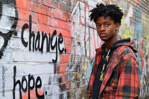 Urban Youth Standing Before Graffiti Wall City Street Portrait Photography Vibrant Environment Perspective on Change