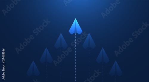 Leadership and think differently concepts with paper airplanes. Paper planes flying in the futuristic blue sky,  Leadership, success, teamwork, solution, and business concept. Vector illustration.