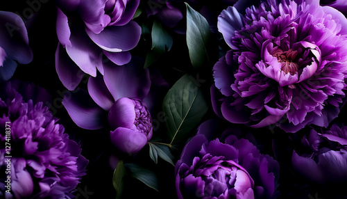 Fototapeta Naklejka Na Ścianę i Meble -  Close-up of vibrant purple peonies, exuding an air of elegance and charm. The intricate petals and lush foliage create a stunning display of floral beauty