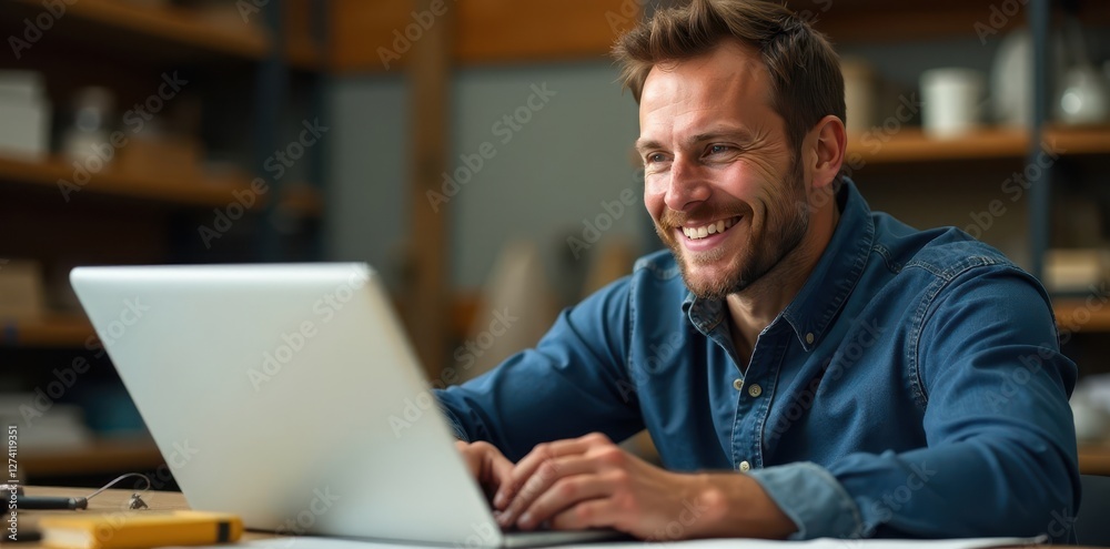 Smiling craftsman reviews digital plans on phone, workshop background, craft, tools Smiling craftsman reviews digital plans on phone, workshop background, craft, tools