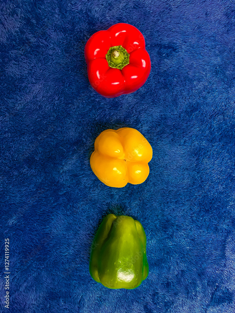 The colored peppers are arranged like the colors of a traffic light on a blue background