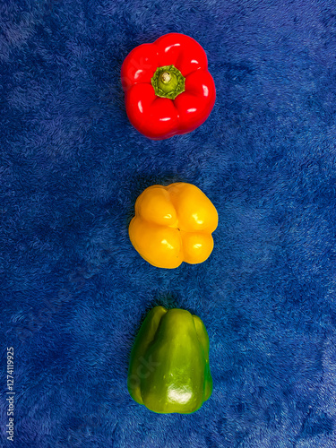 Obraz na płótnie The colored peppers are arranged like the colors of a traffic light on a blue background w salonie