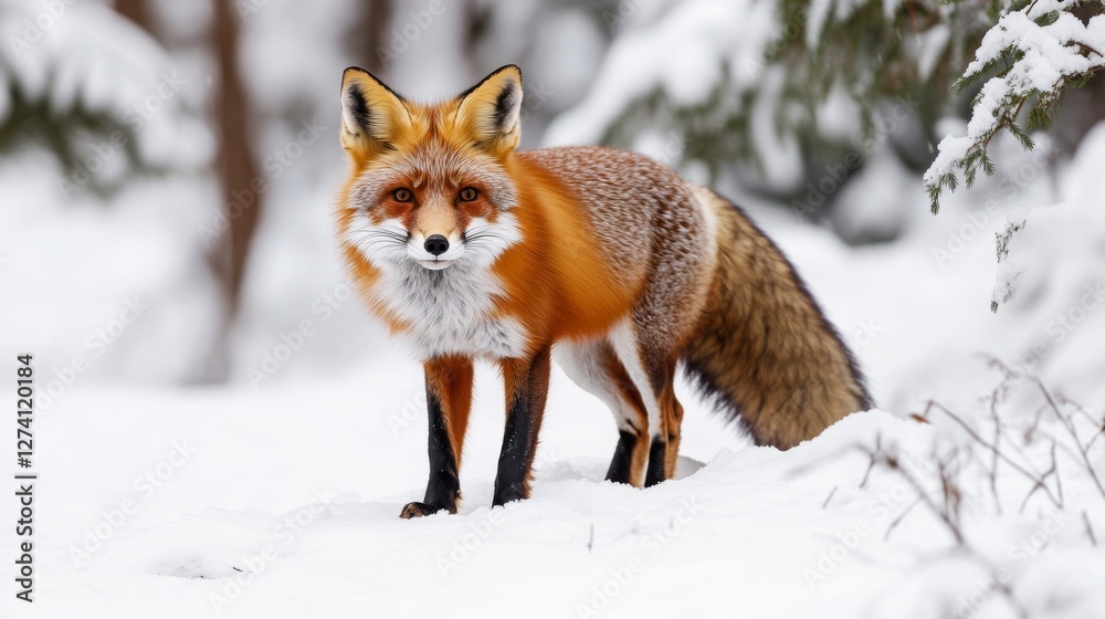 Red fox in snowy forest, alert posture, winter wildlife Red fox in snowy forest, alert posture, winter wildlife