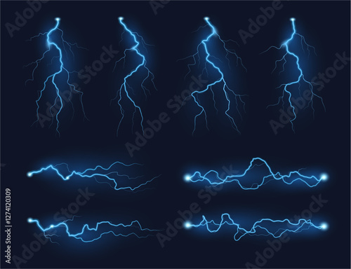 Thunderstorm bolts and lightning energy discharge. Vector realistic isolated set of bolts for bad weather landscape. Night time flare in sky, strike or storm decoration, dangerous high voltage