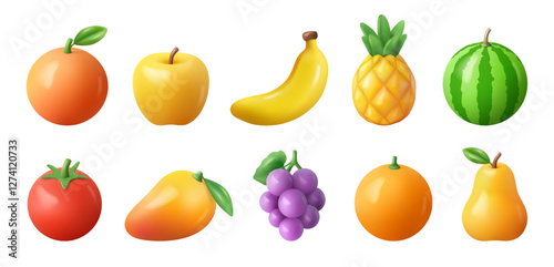 Tropical and exotic fruits set, isolated ripe organic meal for vegans and vegetarians. Vector 3d watermelon and apple, banana and pear, mango and tomato, pineapple and grapes, grapefruit and orange