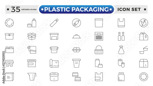 Plastic packaging outline icons set. Disposable tableware, water bottle, blister pack, container, canister, garbage bag, bubble wrap vector illustration. Editable stroke outline icon. 
