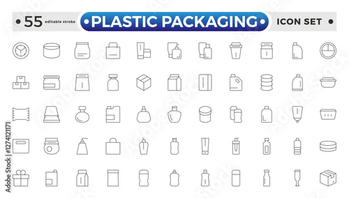 Plastic packaging outline icons set. Disposable tableware, water bottle, blister pack, container, canister, garbage bag, bubble wrap vector illustration. Editable stroke outline icon. 
