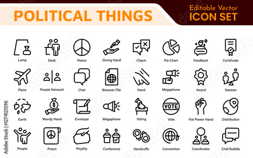 Politics Icon Set: A comprehensive collection of icons representing political themes, perfect for enhancing campaign materials, educational resources, and civic engagement initiatives.