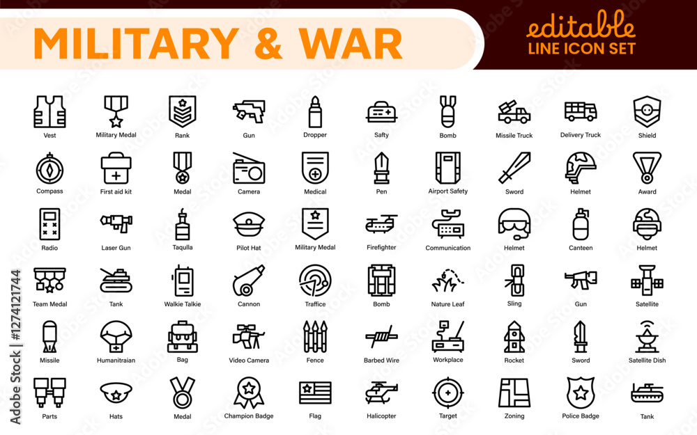 Military & War Icon Set. A powerful collection of icons representing defense and combat themes, perfect for enhancing educational materials, military websites, and historical projects.