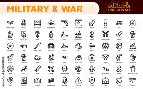 Military & War Icon Set. A powerful collection of icons representing defense and combat themes, perfect for enhancing educational materials, military websites, and historical projects.