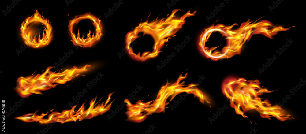 Fire flames on ring, round frame with burning tongues and sparks. Vector realistic circular border with glow effect. Yellow fiery magic portal perspective angle view, set of comets and trails