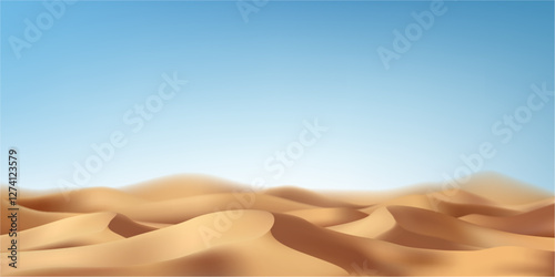 Sand dunes landscape of desert with blue cloudless sky. Vector realistic, dry weather and hot climate, African continent. Vast scenery of sandy beach or hills with wind traces, unbearable heat