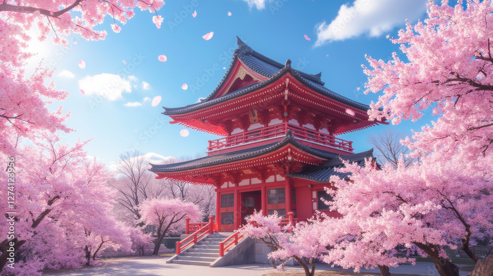 Obraz premium beautiful pagoda surrounded by cherry blossom trees in spring