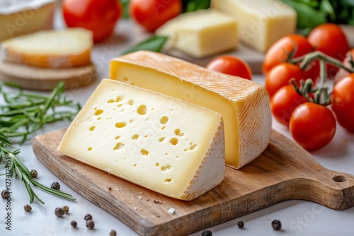 Creamy saint-nectaire cheese is presented on a wooden cutting board, accompanied by fresh tomatoes, fragrant rosemary, and black peppercorns photo