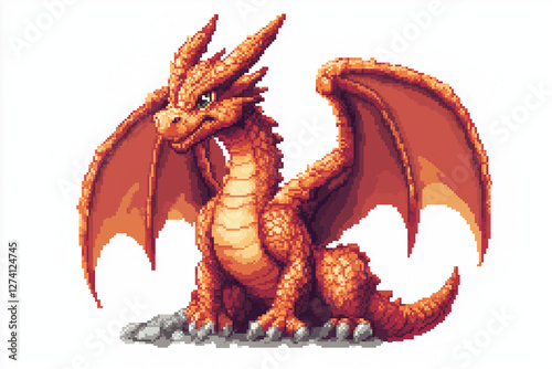 8-bit pixel art dragon character isolated white background, retro gaming fantasy creature design, vintage arcade monster pixel icon illustration