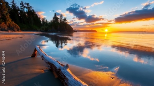 A serene beach at sunset, showcasing a golden sky reflecting on calm waters, with a driftwood log on the sandy shore surrounded by lush trees.
