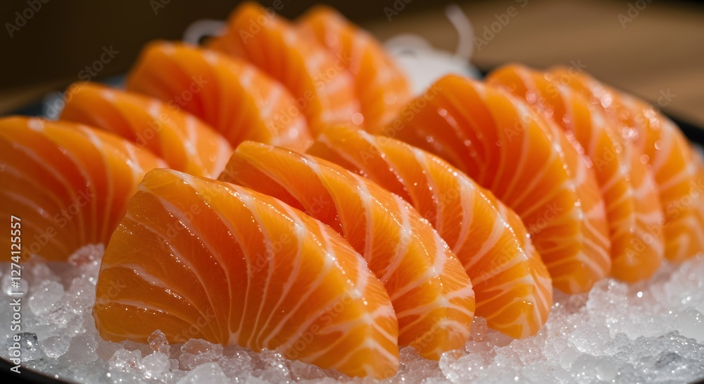 Fresh Salmon Sashimi Slices on Ice Ready to Eat Deliciously Fresh Salmon Sashimi Slices on Ice Ready to Eat Deliciously