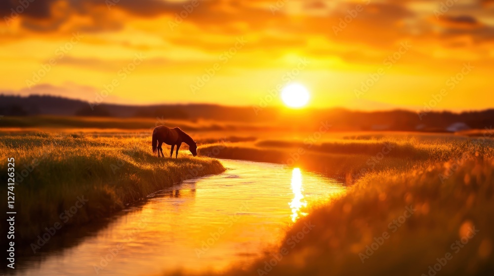 Obraz premium A serene countryside scene featuring a horse grazing by a river during sunset