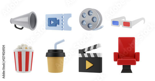 Movie tickets and camera roll, glasses and clapper, comfortable seat for audience and snacks, popcorn and coffee. Vector in 3d style, isolated set of cinema icons. Cinematography and leisure time