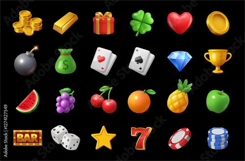 Slot games user interface icons for web or application. Vector in realistic UI style, set of fruits and cards, chips and lucky seven. Gold money bar and present for gambler. Gambling and casino