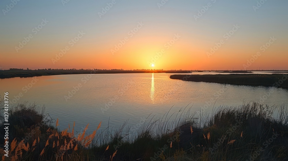 Fototapeta premium A serene sunset over a tranquil body of water, reflecting vibrant colors in the sky.