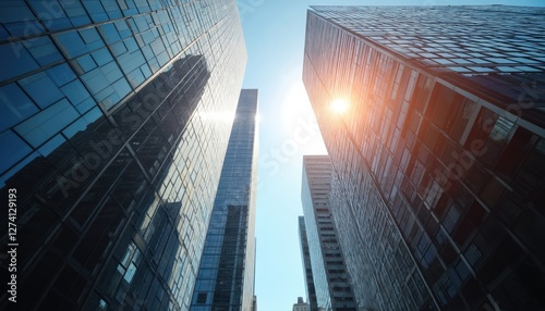 Bottom up shot of modern office buildings in financial district. Abstract panorama of architecture with skyline, urban design, steel, glass facades under sunlight. Contemporary corporate city