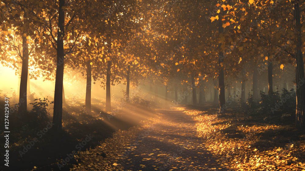 Obraz premium A forest in autumn, with trees of various colors and leaves falling to the ground, creating an enchanting landscape 