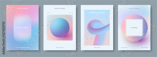 Geometric shapes and blurry background. Vector poster or typography cover page or banner with copy space. Set of designs with gradient and soft color. Sphere and square in pastel style